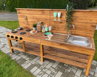 cheaper at www.tommywood.de XXL outdoor mud kitchen from tommywood.de with stove, oven, sink and tap