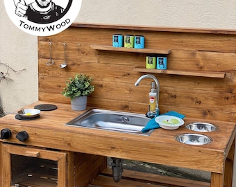 tommywood.de Mud kitchen with stove oven and bowls from tommywood.de