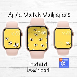 May include: Three Apple Watch faces with a yellow background and bee designs. The top face has a pattern of bees, the middle face has a single bee flying, and the bottom face has a pattern of bees. All faces display the time as 10:09 and the day as Friday 23rd.