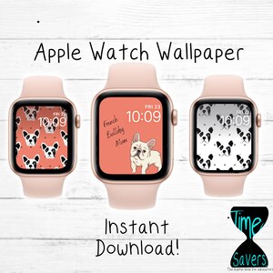 Op de afbeelding: Drie roze Apple Watch-wijzerplaten met verschillende ontwerpen. De eerste wijzerplaat heeft een patroon van zwarte en witte Franse Bulldog-gezichten op een roze achtergrond. De tweede wijzerplaat heeft een roze achtergrond met de tekst "French Bulldog Mum" en een witte Franse Bulldog. De derde wijzerplaat heeft een patroon van zwarte en witte Franse Bulldog-gezichten op een witte achtergrond. Alle drie de wijzerplaten tonen de tijd "FRI 23 10:09" aan.