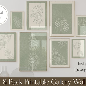 Gallery Wall Art Sage Green Leaves, Sage Green Gallery Set, Sage green Home Decor, Digital Download, Printable Wall Art x 8, Sage Green Art