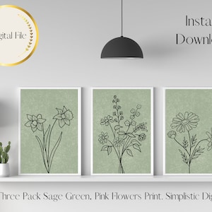 Wall Art Sage Green With Black Flowers x 3, Instant Download Home Decor, Digital Download, Printable Wall Art, Sage Minimalistic Home Decor