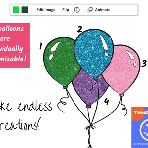 May include: Four colourful balloons with glitter patterns, numbered 1 through 4. The text "All balloons are individually customizable!" and "Make endless creations!" is written on the image.