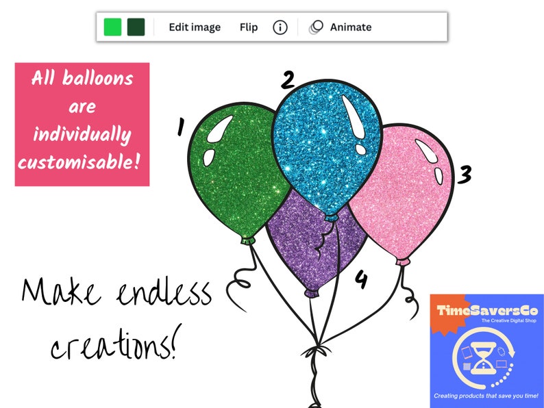 May include: Four colourful balloons with glitter patterns, numbered 1 through 4. The text "All balloons are individually customizable!" and "Make endless creations!" is written on the image.