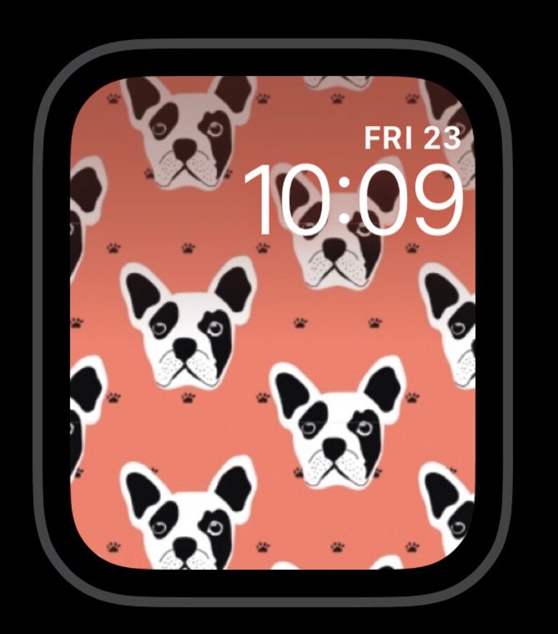 Op de afbeelding: Een digitaal horloge-scherm met een roze achtergrond en een patroon van zwarte en witte Franse bulldoggezichten. De tijd is 10:09 en de dag is vrijdag de 23e.