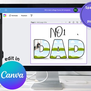 Op de afbeelding: Een digitale collage-raam sjabloon voor Canva, met de woorden "NO.1 DAD" in grote, kleurrijke letters met ruimte voor negen foto's. De letters zijn versierd met een blauwe lucht, witte wolken en groen gras.