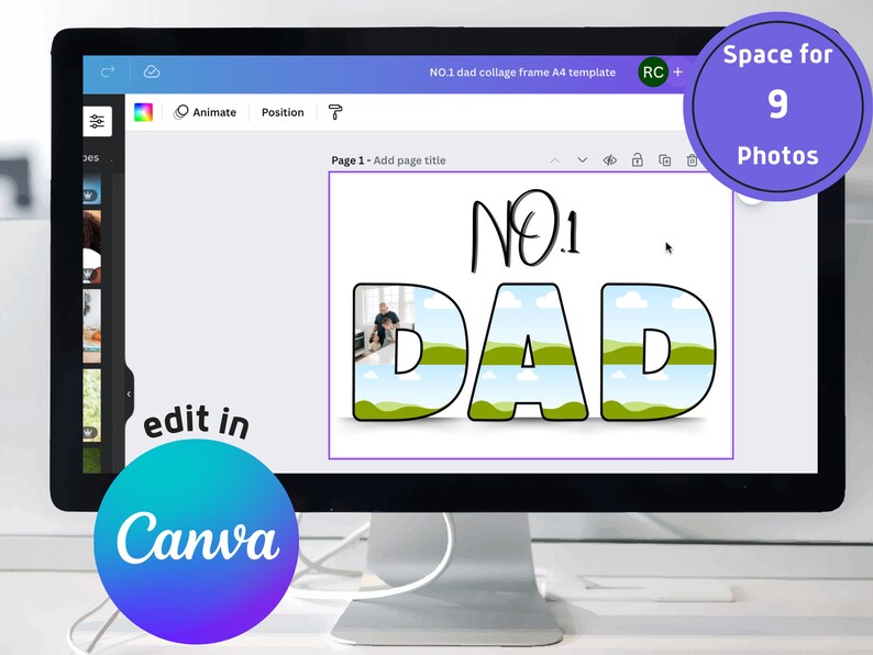Op de afbeelding: Een digitale collage-raam sjabloon voor Canva, met de woorden "NO.1 DAD" in grote, kleurrijke letters met ruimte voor negen foto's. De letters zijn versierd met een blauwe lucht, witte wolken en groen gras.