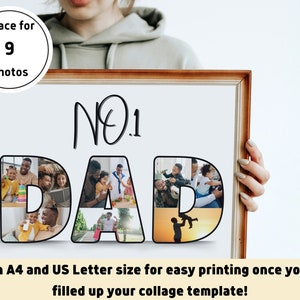 Op de afbeelding: Een printbare collage-sjabloon met het woord "DAD" en negen plekken voor foto's. Het sjabloon is ontworpen voor Vaderdag en bevat de tekst "No.1" boven het woord "DAD".