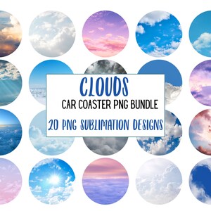 Pode incluir: Um conjunto de 20 imagens digitais que apresentam várias formações de nuvens em diferentes cores e condições de iluminação. As imagens são perfeitas para criar porta-copos para carros, projetos de sublimação ou outras iniciativas criativas.
