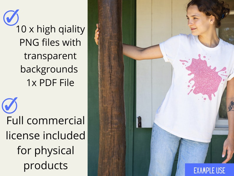 Pu&ograve; includere: Una maglietta bianca con un design a spruzzo di glitter rosa. L'immagine include anche il testo: "10 file PNG di alta qualit&agrave; con sfondi trasparenti 1 file PDF" e "Licenza commerciale completa inclusa per prodotti fisici."