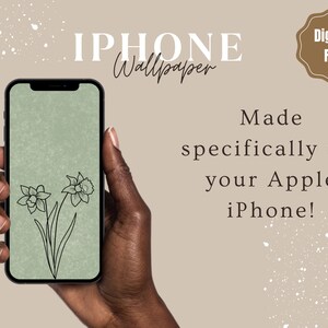 以下が含まれることがあります： 緑と白のiPhoneの壁紙のデジタルダウンロード。2つの水仙のシンプルな線画が描かれています。