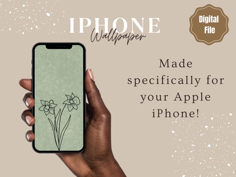 以下が含まれることがあります： 緑と白のiPhoneの壁紙のデジタルダウンロード。2つの水仙のシンプルな線画が描かれています。