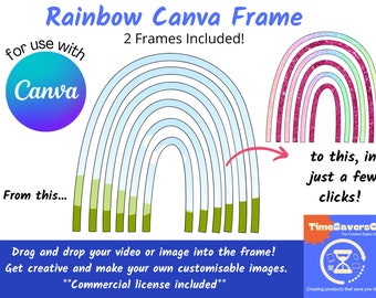 May include: A digital graphic design template for Canva featuring a rainbow arch with a glittery effect. The template can be used to create custom images for social media or other projects. The text on the image reads "Rainbow Canva Frame" and "2 Frames Included!"