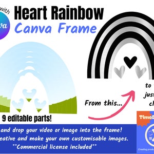 Crea i tuoi PNG arcobaleno boho, modello di cornice Heart Canva, uso commerciale incluso, riempi le tue immagini