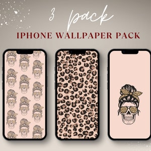 May include: Three iPhone wallpapers in a pack. The first wallpaper features a repeating pattern of a skull with a bun and sunglasses. The second wallpaper is a leopard print pattern. The third wallpaper features a single skull with a bun and sunglasses on a light pink background.