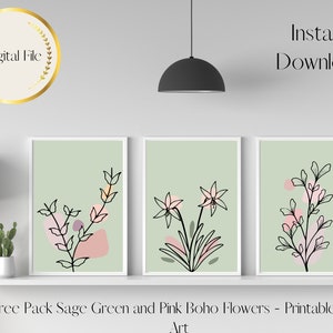 Wall Art Sage Green Flowers set of three, Instant Download, Sage Green and Pink Home Decor, Printable Wall Art, Pink boho flowers Home Decor