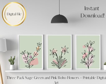 Wall Art Sage Green Flowers set of three, Instant Download, Sage Green and Pink Home Decor, Printable Wall Art, Pink boho flowers Home Decor
