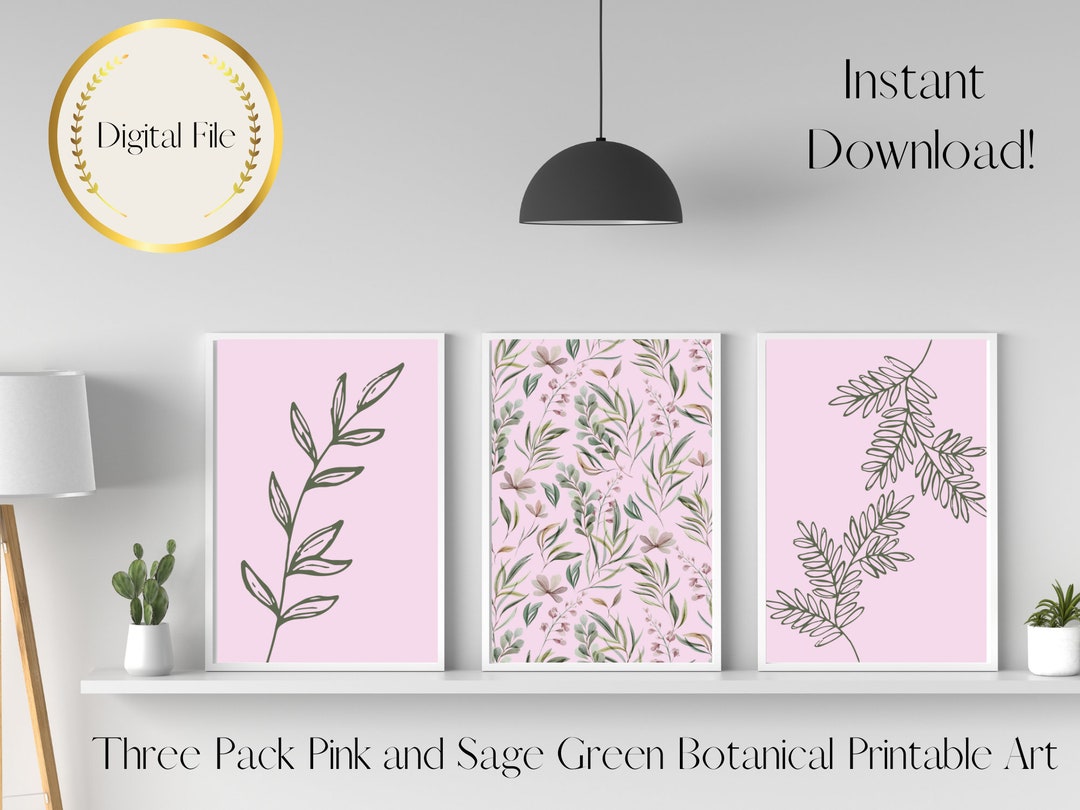 Wall Art Sage Green and Pink Botanical X 3, Instant Download, Botanical ...