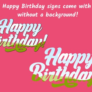 May include: Two digital illustrations of the phrase "Happy Birthday!" in a stylised font. The text is layered with a green and white landscape design. The background is pink.