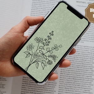 以下が含まれることがあります： 緑色の背景に、黒い線で描かれた花束が描かれたデジタル携帯電話の画面です。