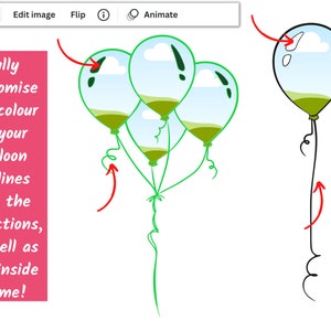 May include: Three green balloons with a sky and grass reflection inside. The balloons are tied together with a green string. The image shows how to customise the colour of the balloon outlines and reflections.