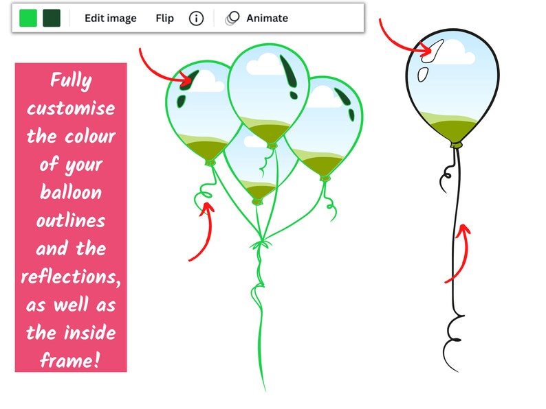 May include: Three green balloons with a sky and grass reflection inside. The balloons are tied together with a green string. The image shows how to customise the colour of the balloon outlines and reflections.