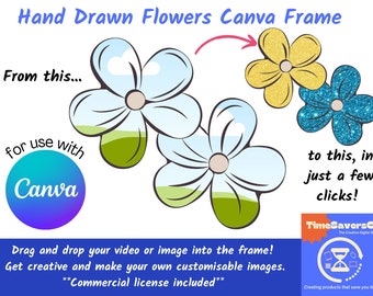 Hand Drawn Flowers Canva Frame, Add your own photo Canva template, Flower PNG creator, Create your own flower aPNGs, Commercial use included