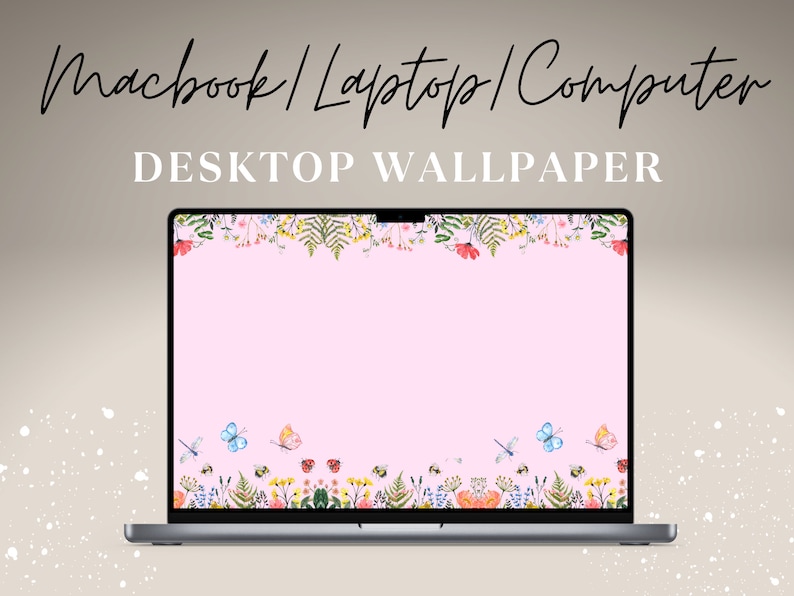 May include: A pink laptop computer with a floral wallpaper featuring butterflies, bees, and ladybugs. The wallpaper has a pink background with a floral border at the top and bottom.