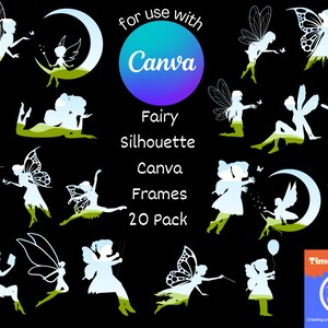 May include: A set of 20 white fairy silhouette frames for use with Canva. The frames feature fairies in various poses, including flying, sitting, and standing. The frames are perfect for adding a touch of whimsy to your designs.