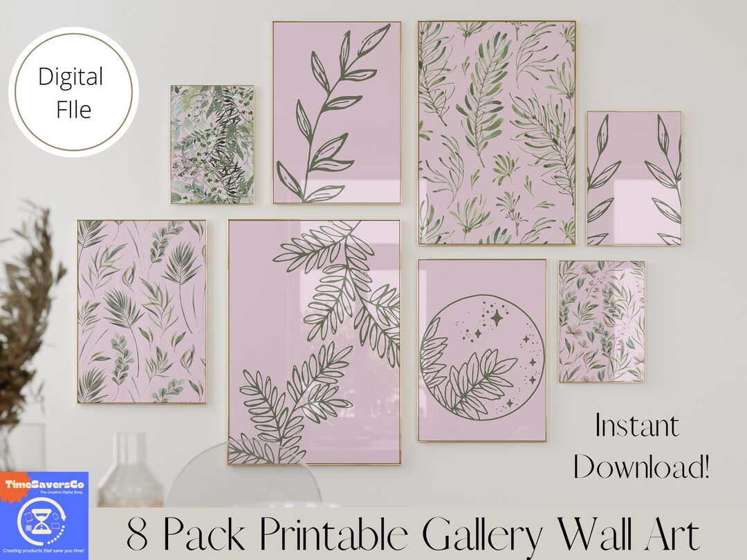 Pink and Sage Green Botanical Wall Art, Set of 8 Pink Gallery Prints ...