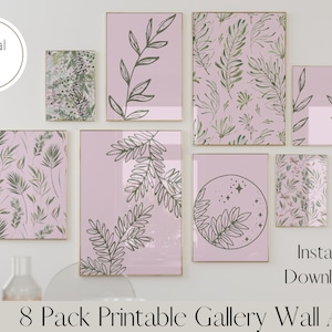 Pink and sage green Botanical Wall Art, Set of 8 Pink Gallery Prints, Blush Pink Printable Prints, Digital Download, Pink Botanical decor,