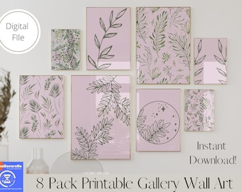 Pink and sage green Botanical Wall Art, Set of 8 Pink Gallery Prints, Blush Pink Printable Prints, Digital Download, Pink Botanical decor,