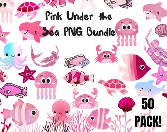 Pink Under the Sea PNG bundle, Sea Creature bundle, Sea Animals clipart, Cute under the Sea, Pink Ocean animals x50 pack, mermaid seashell