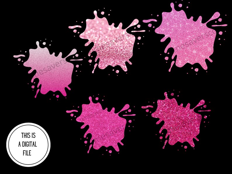 Pu&ograve; includere: Cinque schizzi di vernice glitterata rosa su sfondo nero. Gli schizzi variano di tonalit&agrave;, con un elemento grafico circolare che recita "THIS IS A DIGITAL FILE". Adatto per progetti di design digitale.