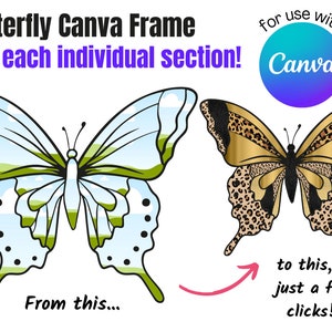 Puede incluir: Un tutorial de diseño gráfico que muestra cómo editar un gráfico de mariposa en Canva. La imagen muestra una mariposa simple con alas azules y verdes y una mariposa más detallada con alas doradas y negras con estampado de leopardo. El texto dice "Butterfly Canva Frame Edit each individual section! for use with Canva From this... to this, in just a few clicks!"