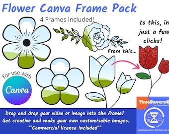 Canva Frames Flower Bundle, Drag and drop photo Canva template, Create your own flower PNG, editable Canva frame, Commercial use included