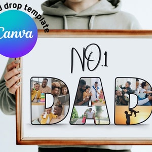 Op de afbeelding: Een wit ingelijste fotocollage met het woord "DAD" in grote letters. Elke letter is gemaakt van kleinere foto's van een vader en zijn kinderen. De tekst "No. 1" staat boven het woord "DAD".
