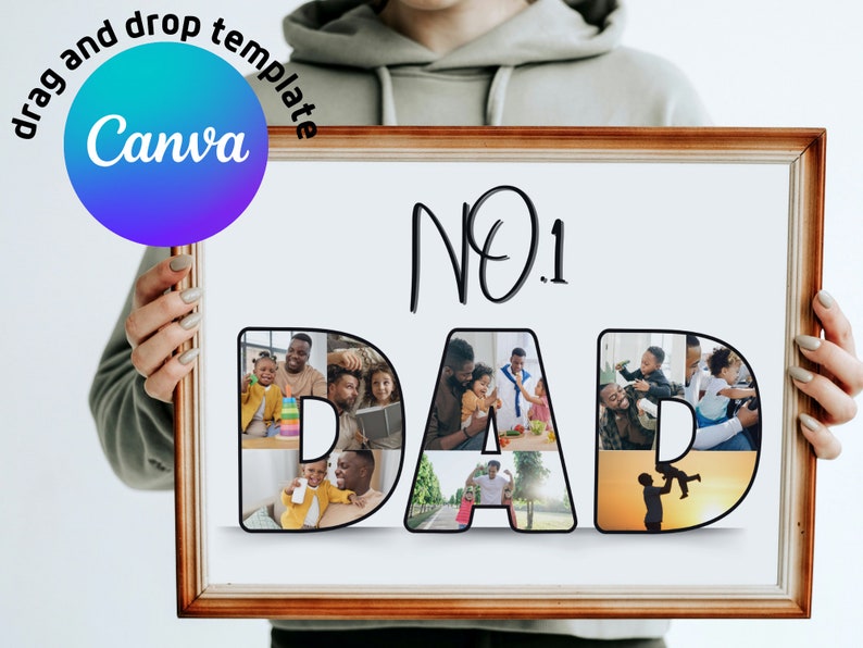 Op de afbeelding: Een wit ingelijste fotocollage met het woord "DAD" in grote letters. Elke letter is gemaakt van kleinere foto's van een vader en zijn kinderen. De tekst "No. 1" staat boven het woord "DAD".