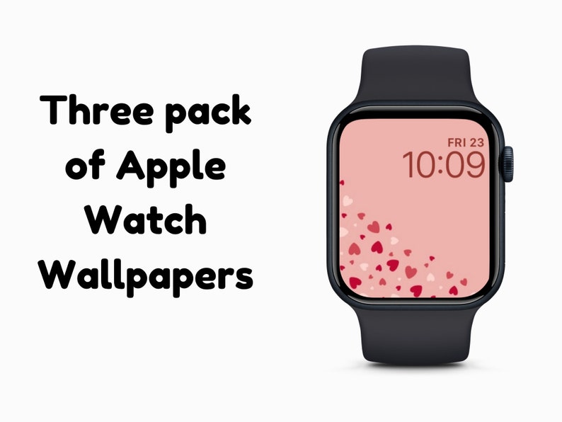 May include: Three pack of Apple Watch wallpapers with a pink background and a pattern of red and white hearts. The watch face displays the time as 10:09 and the date as FRI 23.