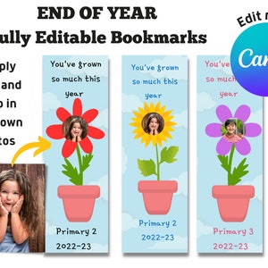 Può includere: Tre segnalibri stampabili con un design a fiore. Ogni segnalibro ha un fiore di colore diverso: rosso, giallo e viola. Il testo sui segnalibri recita "You've grown so much this year" e "Primary 2 2022-23" o "Primary 3 2022-23".