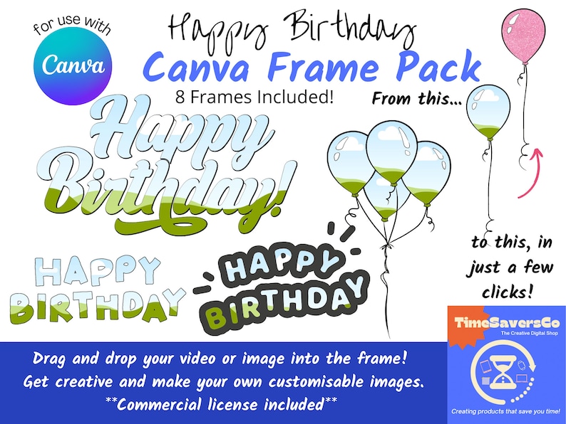 May include: A digital graphic design pack for Canva featuring 8 frames with the text "Happy Birthday" in various styles. The frames are designed to be used with images or videos to create custom birthday greetings.