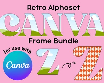 Retro Font Canva Frame template, Retro Alphaset Canva Frame , vintage font digital download, Drag and drop Retro lettering make your own png