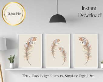 Arte de pared simplista de plumas x 3, descarga instantánea, decoración del hogar, descarga digital, arte de pared imprimible, arte, decoración minimalista del hogar