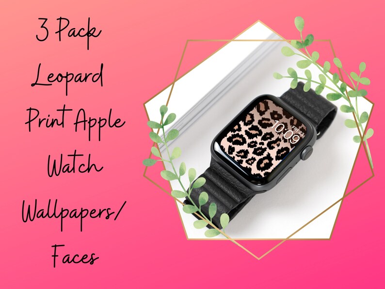 K&ouml;nnte beinhalten: Drei Packungen mit Leopard-Print-Apple-Watch-Hintergrundbildern/Zifferbl&auml;ttern. Das Zifferblatt der Uhr zeigt ein Leopard-Print-Design in einem Schwarz-Gold-Farbschema. Die Uhrzeit ist 10:09.