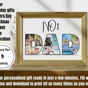 Op de afbeelding: Een gouden fotocollage met het woord "DAD" in grote letters. Elke letter is gevuld met negen verschillende foto's. De tekst "NO.1" staat boven het woord "DAD".