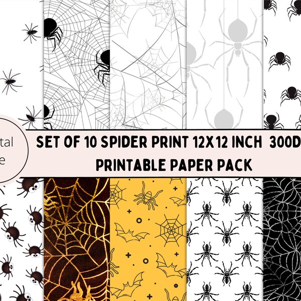 Halloween Digital Paper 10 Page Pack, Scrapbook Spider Halloween paper, 12x12 inch digital download paper, Scrapbooking Paper Printable