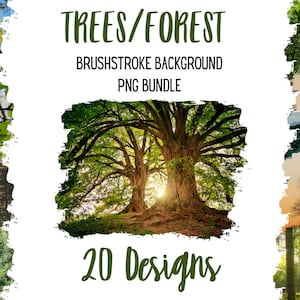 May include: A digital download of 20 brushstroke background designs featuring trees and forests. The designs are perfect for creating digital art, scrapbooking, and other creative projects.  The text "TREES/FOREST" and "BRUSHSTROKE BACKGROUND PNG BUNDLE" is displayed in green text. The number "20 Designs" is displayed in green text.