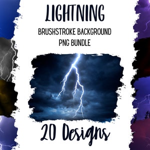 Könnte beinhalten: Ein Set mit 20 digitalen Pinselstrich-Hintergründen mit Blitzen in verschiedenen Farben, darunter Blau, Lila, Rot, Gelb und Schwarz. Die Hintergründe eignen sich perfekt für die Erstellung dramatischer und auffälliger Designs.
