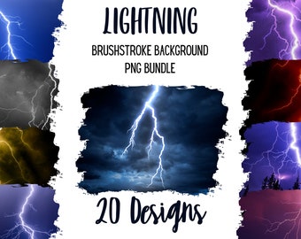 May include: A set of 20 digital brushstroke backgrounds featuring lightning bolts in various colors, including blue, purple, red, yellow, and black. The backgrounds are perfect for creating dramatic and eye-catching designs.