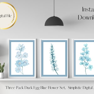 Digital Download Wall Art Duck Egg Blue three pack, Instant Download Floral Home Decor, Powder Blue Flower Home Decor. Flower home decor